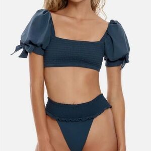 Agua Bendita Eileen fera Teal Smocked Bikini Set size XL NEW